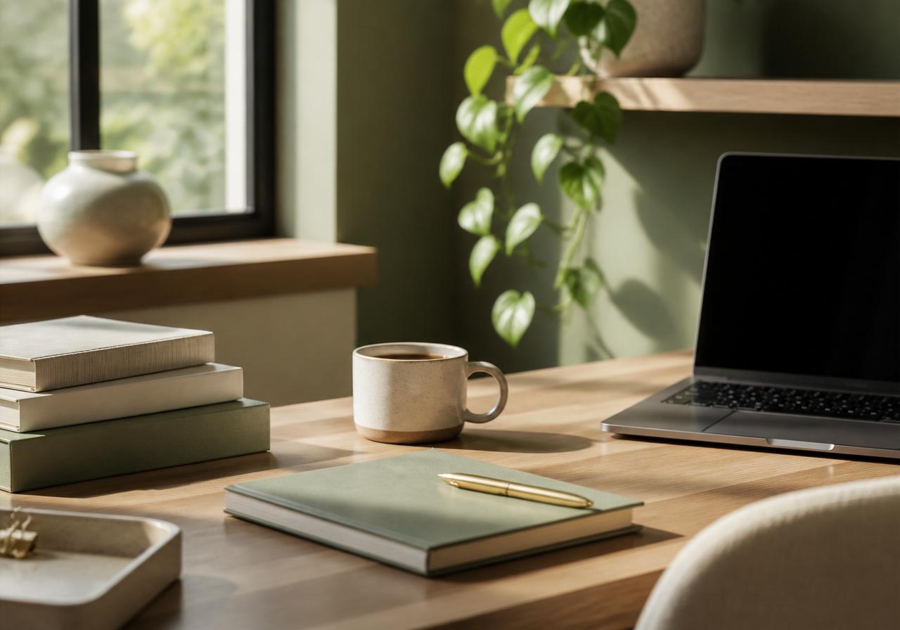 Warm, organized creative workspace with notebooks and coffee