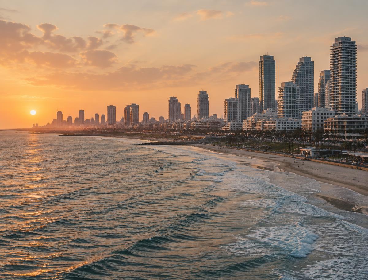 Tel Aviv coastline and skyline at sunset