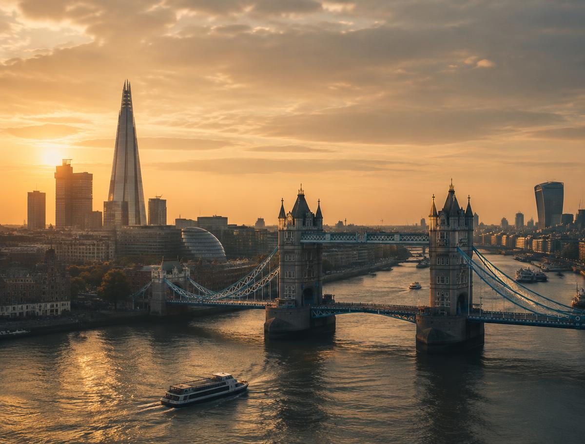 Tower Bridge and the Thames at sunset recolored in the Blank Canvas brand palette